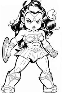 Kolorowanka małej Wonder Woman z tarczą do druku dla dzieci