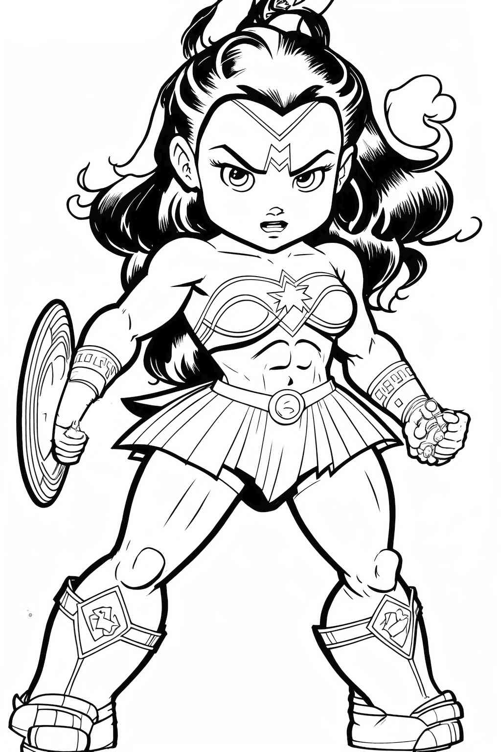 Mała kolorowanka Wonder Woman z tarczą z Avengers do wydruku dla dzieci