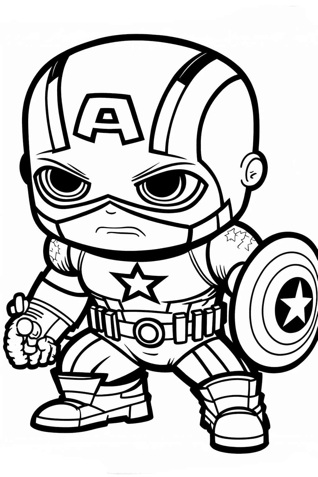 Kolorowanka dla dzieci z mini Kapitanem Ameryką z Avengers do wydruku