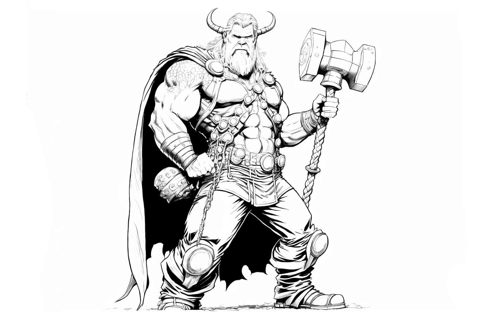 Kolorowanka Avengers z Thor'em z młotem w ręku jest dokładna i ładna, idealna do wydruku dla dzieci