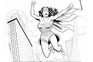 Kolorowanka do druku Avengers z Wonder Woman skaczącą po mieście, idealna dla dzieci