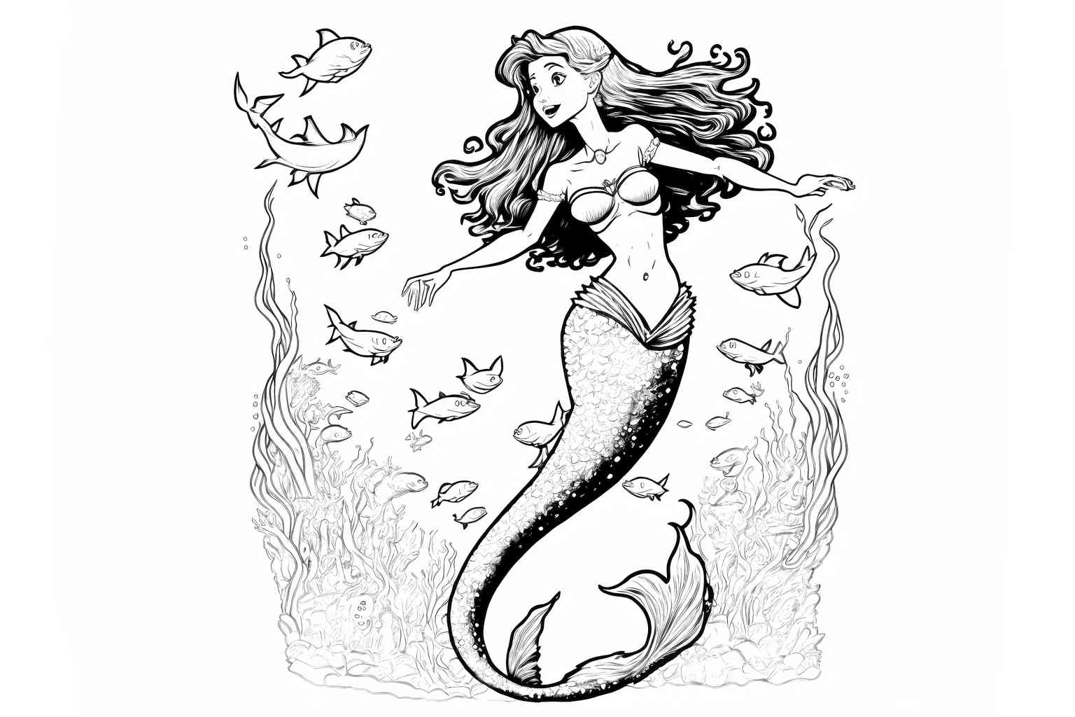 Mała Syrenka pływa z rybami w kolorowance