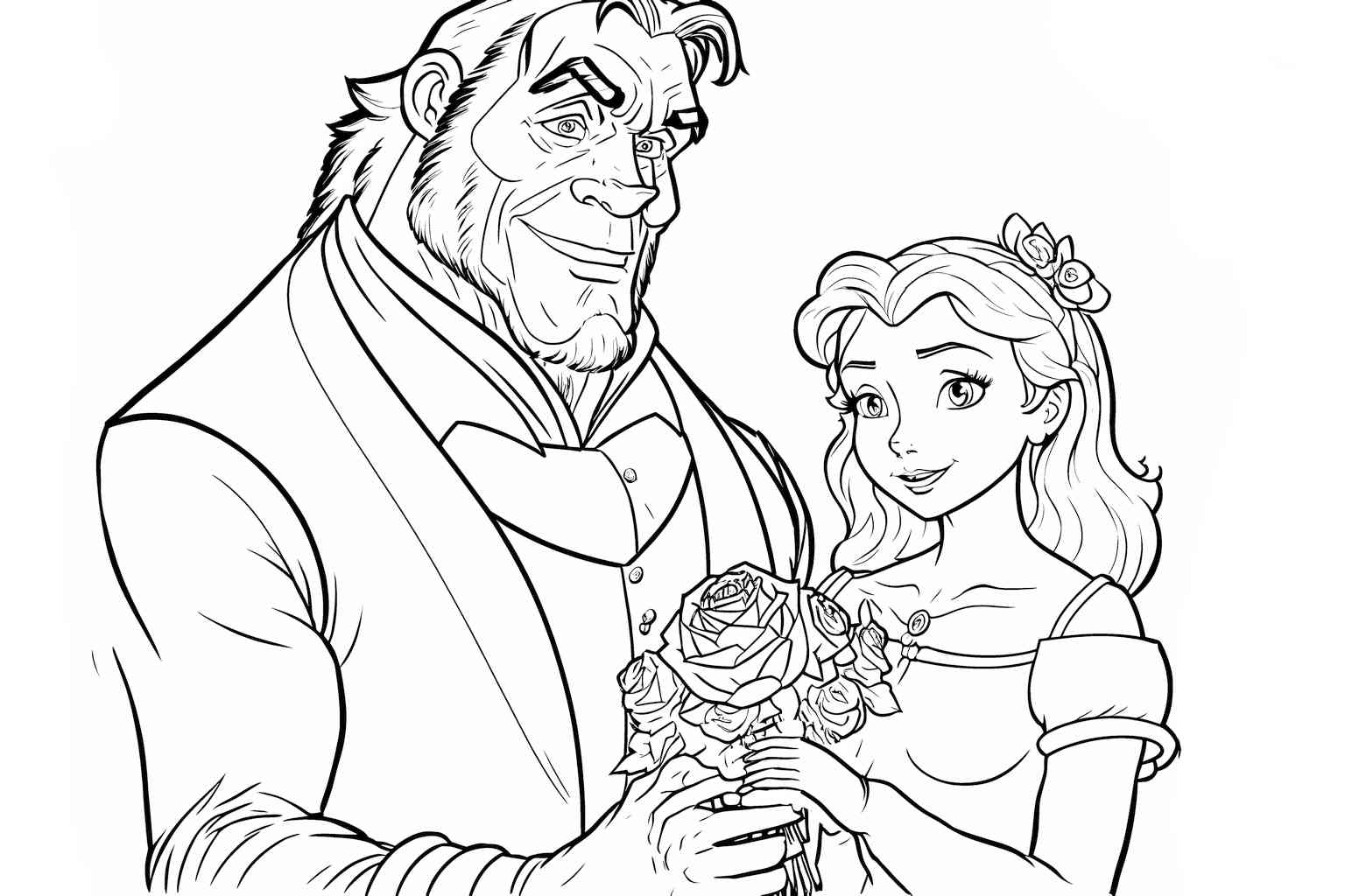 Księżniczka Bella z Bestią i bukitem kwiatów do kolorowania
