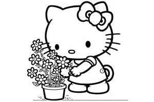 Hello Kitty sadząca kwiaty w doniczkach w malowance