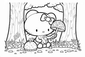 Hello Kitty zbierająca grzyby na łące w malowance