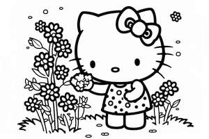 Hello Kitty na pięknej łące do kolorowania