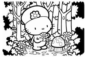 Hello Kitty zbiera grzyby w lesie kolorowanka