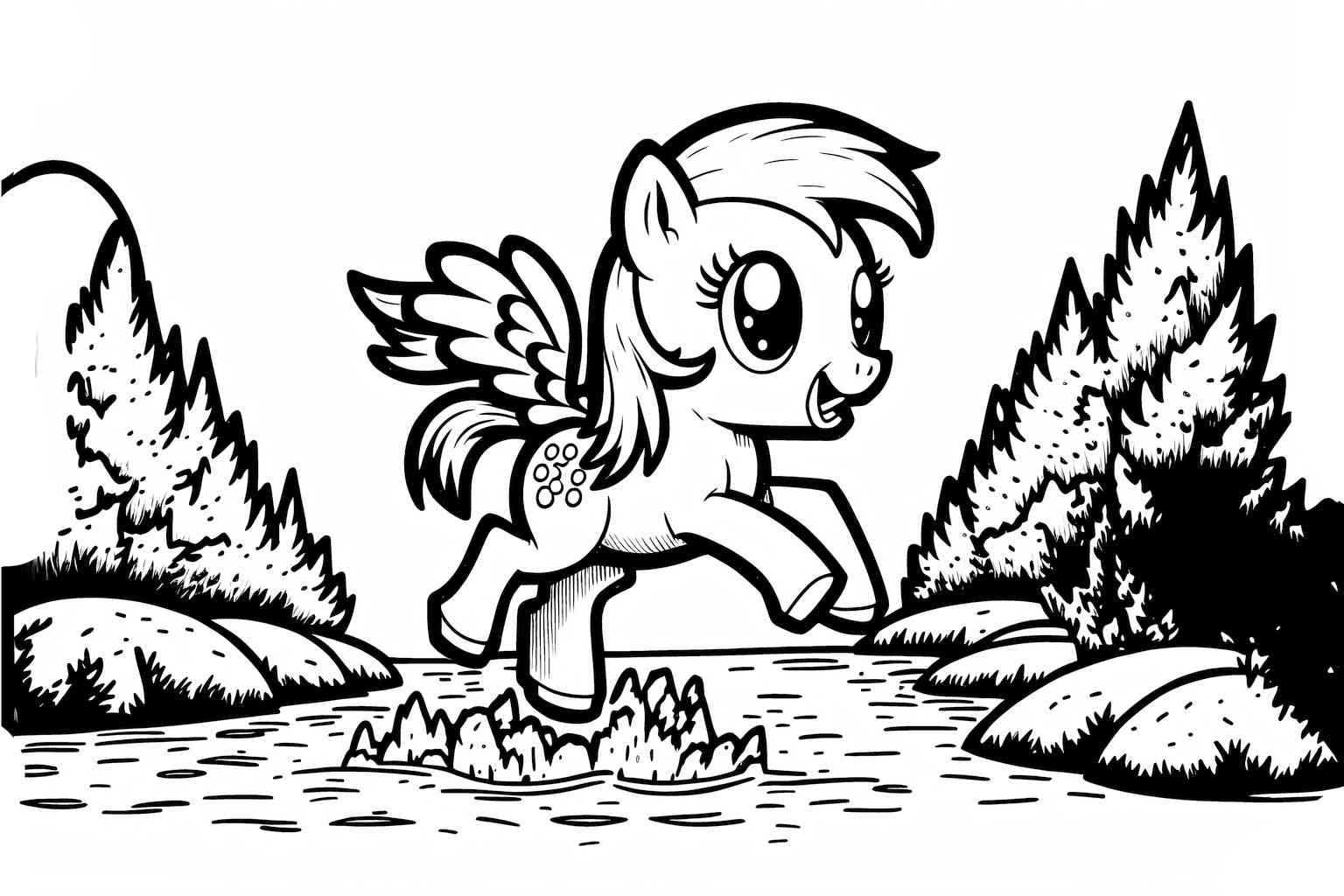 Kolorowanka my little pony z kucykiem nad rzeką to ładna forma zabawy dla dzieci