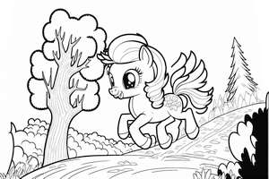 Kucyk w kolorowance wśród drzew to wyjątkowy motyw do druku