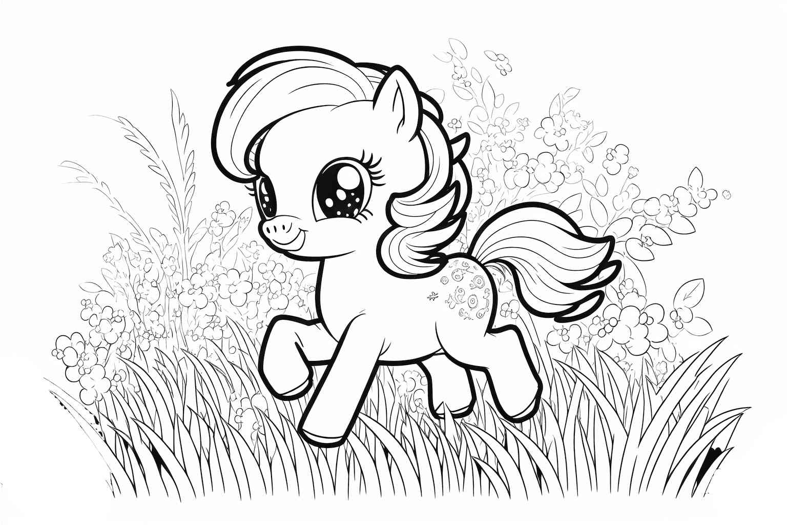 Kolorowanka z kucykiem wśród kwiatów to doskonała propozycja na spędzenie czasu z dzieckiem