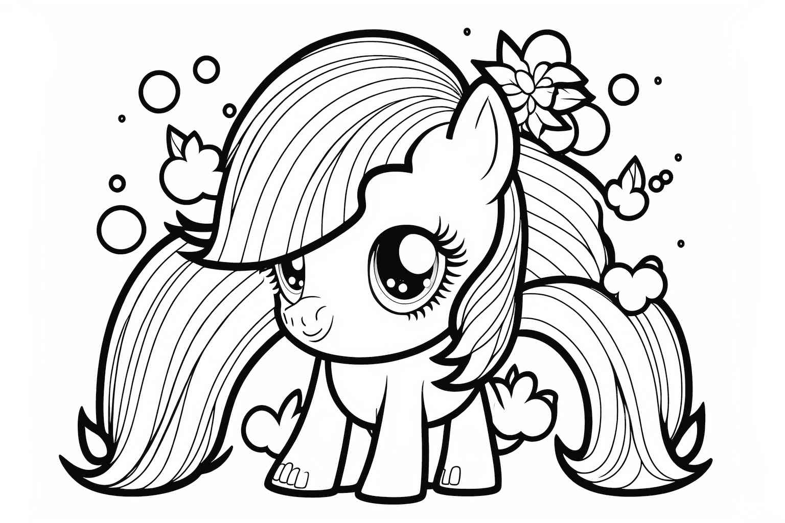 Kolorowanka kucyka z kwiatkiem jest ładna i łatwa dla dziecka