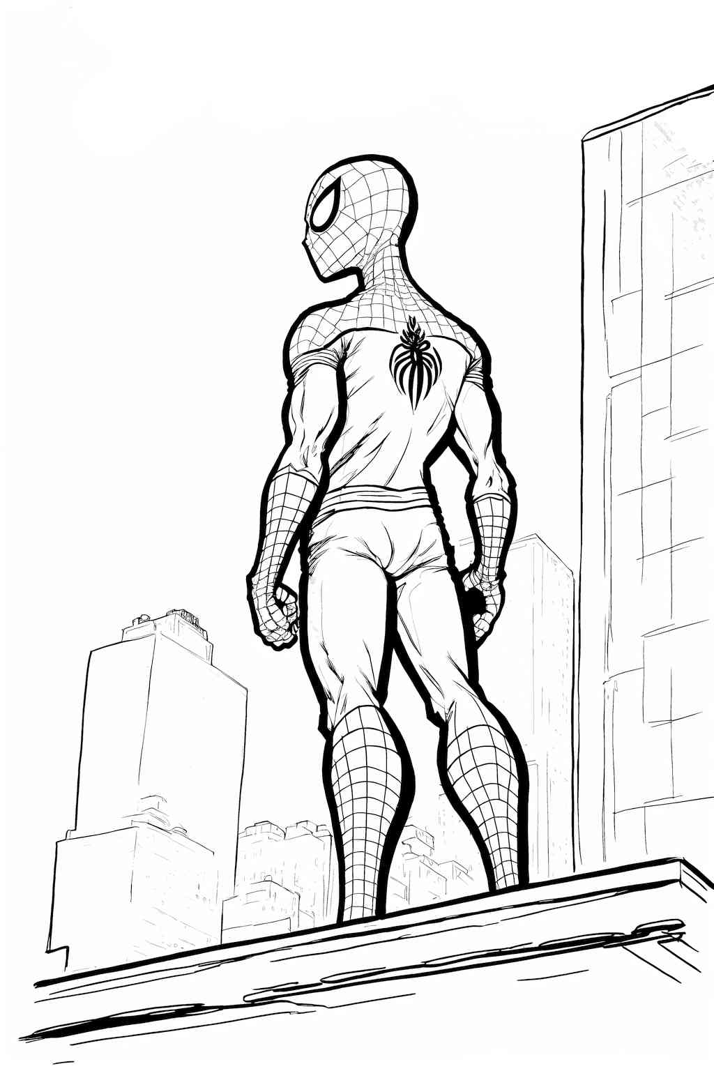 Spiderman stojący na dachu budynku do kolorowania