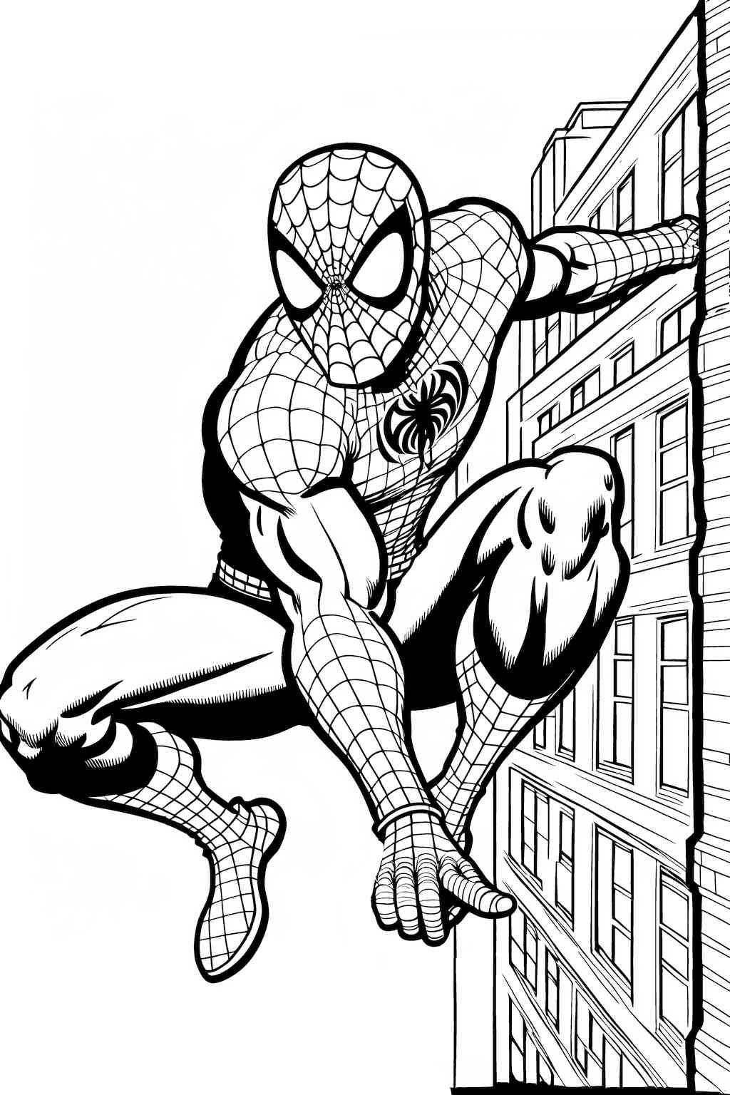 Skaczący spiderman na ścianie budynku do kolorowania