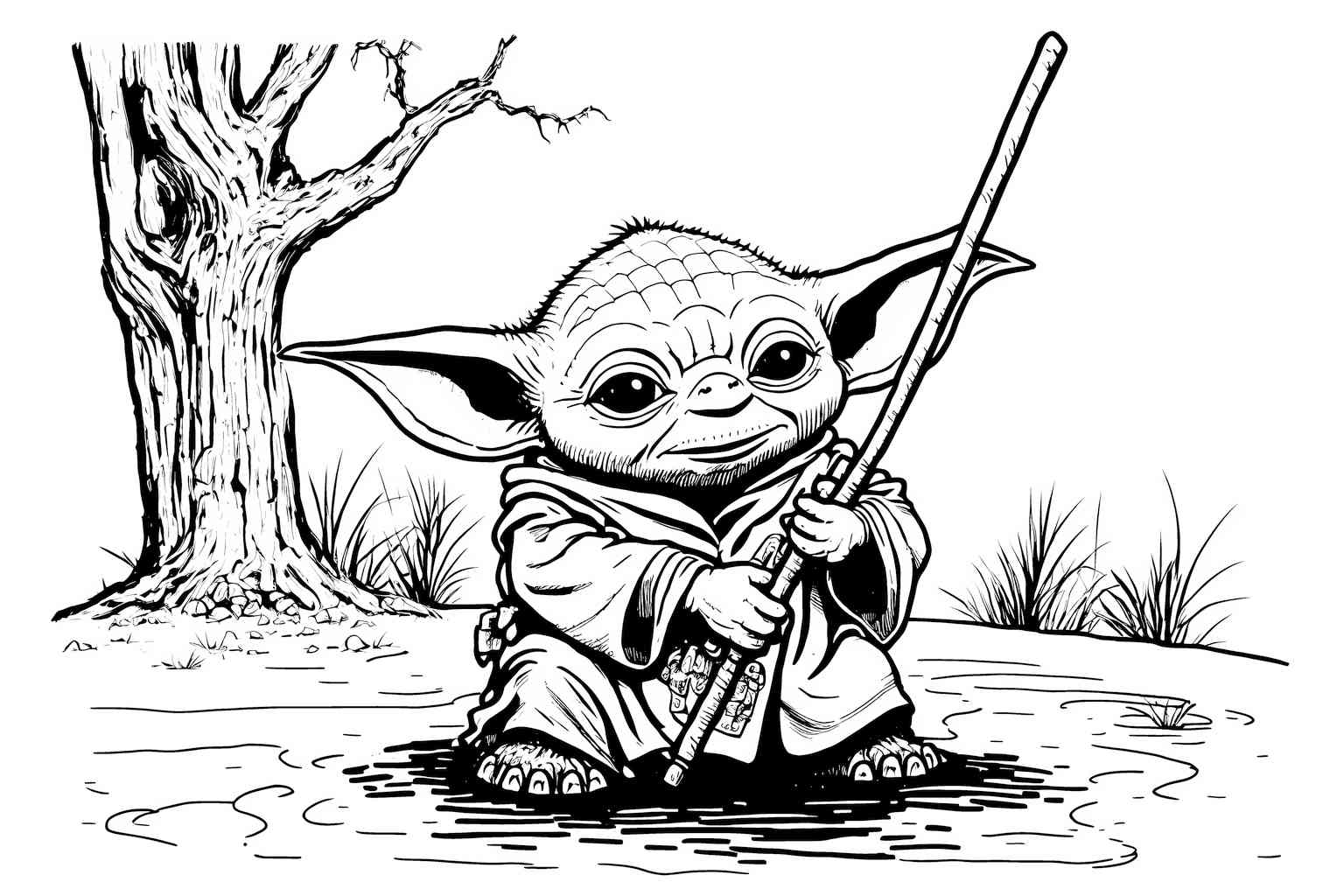 Yoda w środku lasu do kolorowania