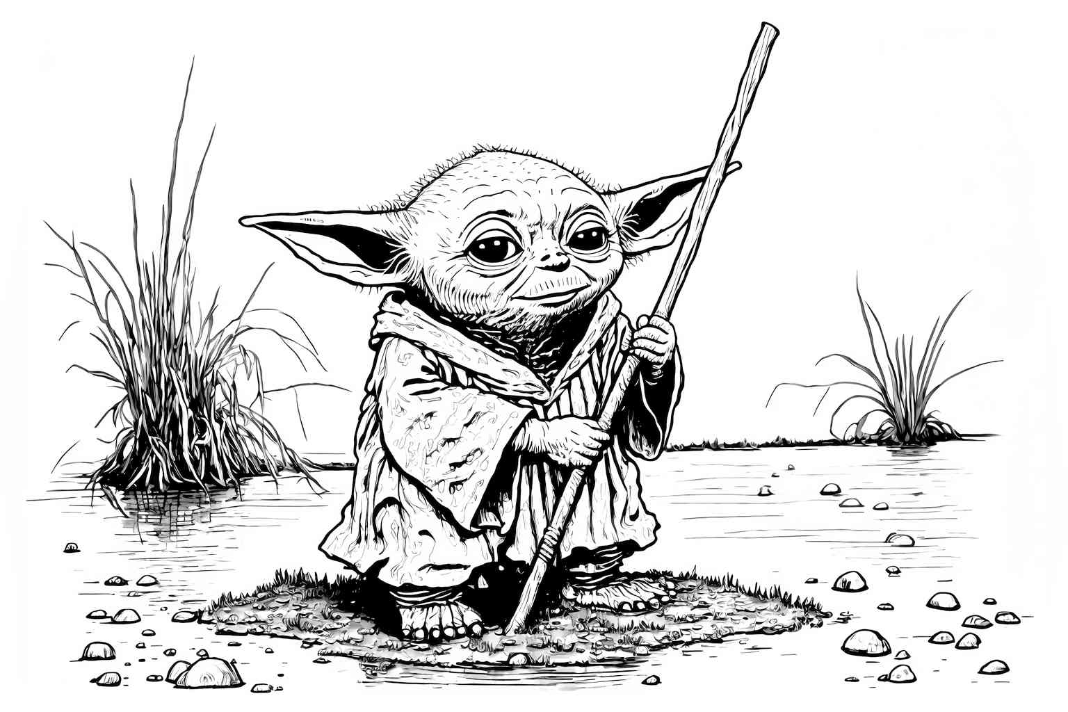 Yoda trzyma kij na bagnach do kolorowania